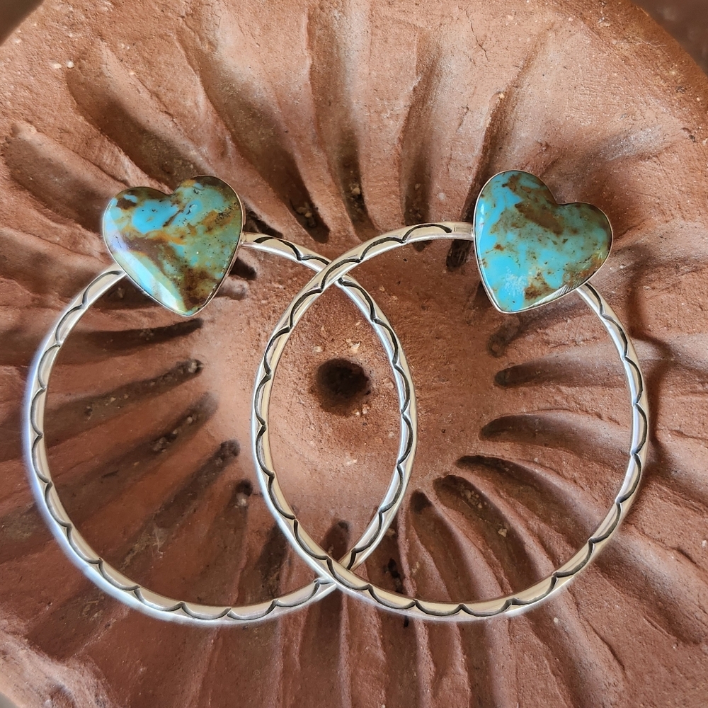 Native American Sterling Silver Turquoise Large Heart Stamped Hoop Earrings